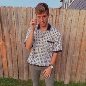 White Polo with Navy Square Print